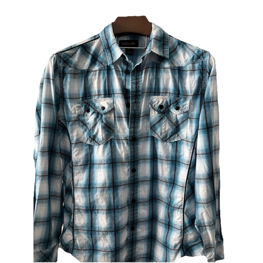 Helix Shirt Mens Size Large Black Blue and White Plaid‎ Button Up Athletic Fit